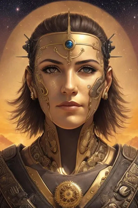 (a portrait of cyborg, golden metallic face of gears), (highly detailed circular throne surrounded by constellation, feathers, gears, jewelry, magic circle, planet, roman numeral, star sky and sun symbol), (bird on shoulder):1.4, highly detailed fantasy artwork