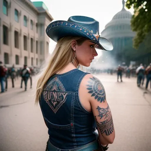 ((riots)), fire, 8K, (extremely detailed CG unity 8k wallpaper, hasselblad award winner), cgsociety art, DeviantArt trending, 8k HD, masterpiece, high quality, sharp focus, ((Alabama White woman holding a rifle in her hands)), (full body), rear view, stands in a defiant pose, kodak portra, instagram, photography, (blond hair), (back view:1), lens flare, depth of field, RAW photo, film still, detailed riot background, (high detailed skin:1.2), SFW, (((tattoo))), (((dressed with blue jean))), (((cowboy hat))), (((US capitol))), (detailed background with confederate flags:1.2), hot body