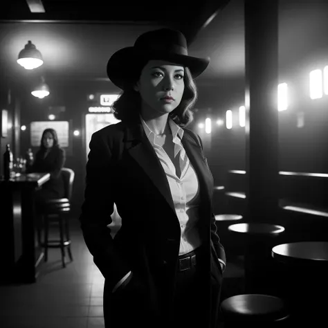 full body highly detailed cinematic ((low key film noir photo)) of a female hard boiled detective in a smoky bar