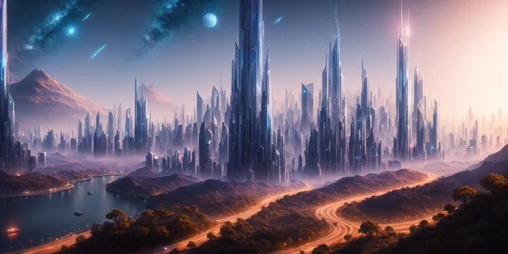 a beautiful landscape of an alien planet with a massive highly technological city with tall skyscrapers with a backdrop of stars and planets, digital illustration, (masterpiece), (high quality), best quality, high quality, extremely detailed CG unity 8k wallpaper, award winning photography, Bokeh, Depth of Field, HDR, bloom, Chromatic Aberration ,Photorealistic,extremely detailed, trending on artstation, trending on CGsociety, Intricate, High Detail, dramatic, art by midjourney