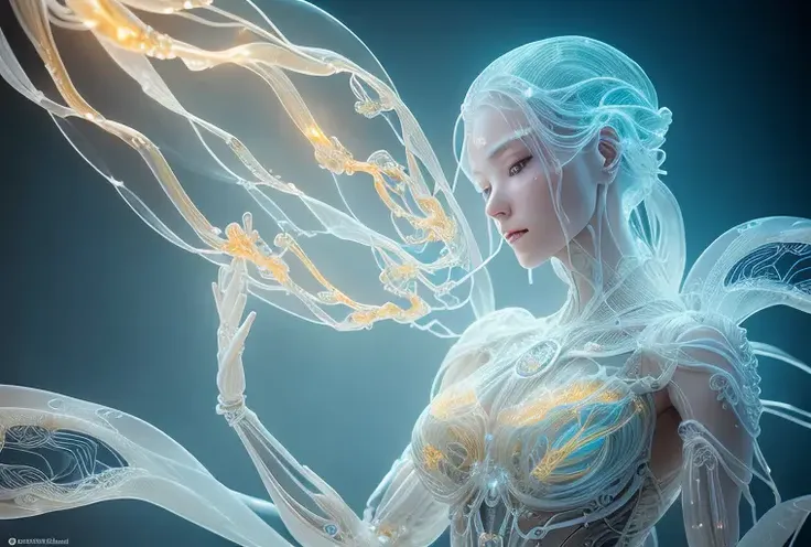 translucent women in biomechanical body, liquid cooling, intricate circuits, beautiful, elegant, white gradient with orang, yellow and golden smoke and blue crystal liquid, stunning, render, hyper realistic, octane render