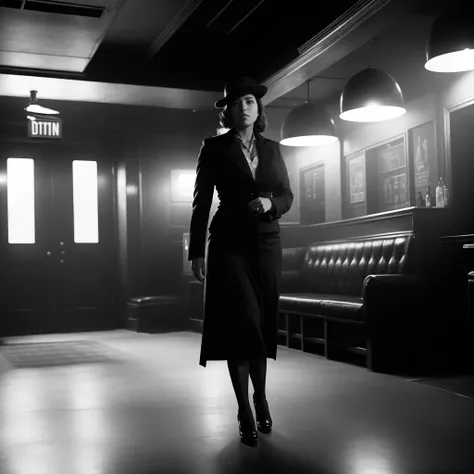 full body highly detailed cinematic ((low key film noir photo)) of a female hard boiled detective in a smoky bar
