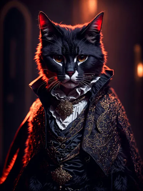 (Cinematic photo: 1. 3), portrait of a vampire cat dressed as a count, ((full body)) directional look, cinematic composition, (intricately detailed, fine details, hyperdetailed), ultra-detailed, (backlight:1. 2) intricate, style-empire