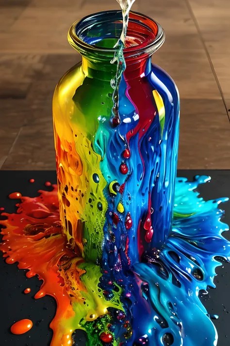 masterpiece, best quality, art by acrylic pouring, realistic, 8k, hdr, unreal, glass bottle in red and blue and yellow and green acrylic pouring, dark background, Water on the floor
