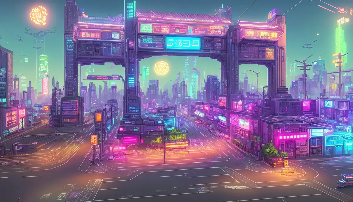 cyberpunk street, side view, 2D game style, pixel art style, cool vendors, roads and cars,