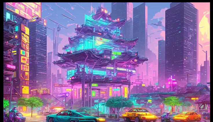 cyberpunk street, side view, 2D game style, pixel art style, cool vendors, roads and cars,