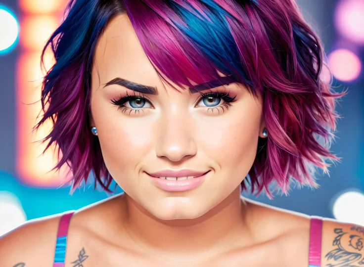 Demi Lovato
close-up photo, complex, detailed, soft lighting, cinematic UDHD, Soft natural makeup, full body, blue eyes, pink hair, short hair, smiling, blurred background, picture frame laser