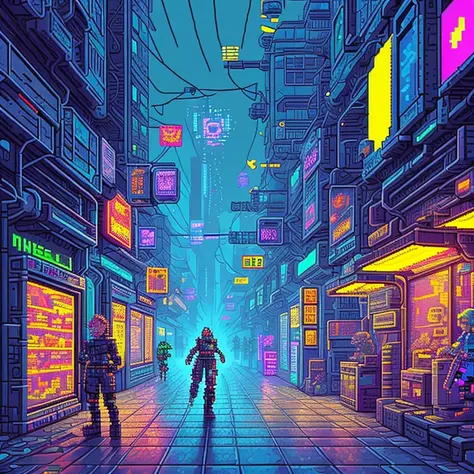 cyberpunk street, front view, (pixel art), cool vendors,
