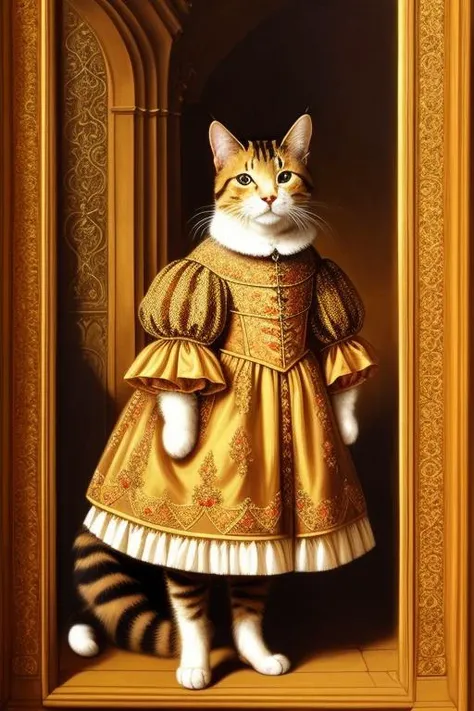 (masterpiece), animal, portrait of [man:cat:2] humanoid, tabby cat, wearing king's clothing, intricated design clothing, cat's legs, , canvas renaissance style, background inside castle, high details castle interior, face, soft lighting,