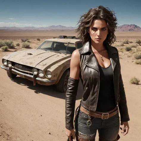 Create an [George Miller Mad Max style] [wide angel] cinematic, filmic image with [detailed linework], [dynamic shading], and [rich colors]. Showcasing the character [full body], [expressive facial features] and [fluid body movements], with close attention paid to [costume design] and [background details]. The art style should capture the [post apocalyptic setting] of the image. Create an [ultra-realistic], [high-resolution] image of [young woman] beautiful [wastelander] [standing] next to [rusted car] looking out at a [barren wasteland] stretching out before her. The [car in the background] should be [detailed], with a [rusty and worn] exterior and [supercharger on the hood]. She has [heart-shaped] face. Her face is [delicately proportioned], with a [small nose] and [high cheekbones]. Her lips are full. Her face is covered in [dust] and her hair is windswept from the harsh desert environment. Her [neck-length], [black wavy and curly hair] cascading [loosely] to the length of her shoulders. Her [grey eyes] with [black eyeliner] and [smokey eye shadow] with long, full eyelashes that add to her feminine charm. She wears a [rugged black leather jacket] showing her [cleavage] and [leather pants], that accentuates her [slim body], paired with [leather boots] that provide both style and function. The skin texture should showcase [visible skin pores] that add to the realism. Her [imperfect, uneven, and irregular skin] should be depicted with [specular reflection], [subsurface scattering], and [diffuse reflection], capturing the [tanned skin tone] The image should be captured in [natural light], with [soft shadows] that highlight her. The colors should be [RAW] and [vibrant], showcasing the [rugged and gritty] elements of the character, while remaining grounded in a sense of [realism]. Aim for a [photorealistic] portrayal that captures the [essence] of her character, from her [rugged looks] to her [captivating beauty]. The image should have [intricate details], capturing every nuance of her form and car in the background. The overall mood of the image should be [mad max], [post-apocalyptic] with a sense of [melancholy] [loneliness] and [desolation] showing complete scene with her [full body]