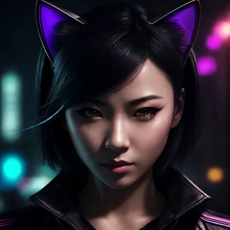 a professional photo of a attractive asian woman, (Ada Wong:0.7)(Natalie Dormer:0.5), imposing shot, cat ears on her head, glowing particles, cyberpunk style, neon lights, at night, canon EOS, rule of thirds, tracing, sharp focus, (hdr:1.3), cinematic, (low saturation:1.4), intricate details, ultra-detailed, textured skin, 4k, <lora:lowra_v10:0.7>