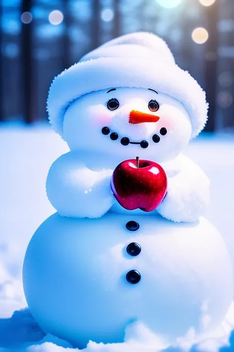 a snowman wearing a snow hat and an apple, (((apple as round nose))), 4k, photo, realistic eyes, photography, lens flare, depth of field, film still, detailed background, winter forest, snowy day, open mouth, large smile, big shiny eyes, masterpiece, best quality