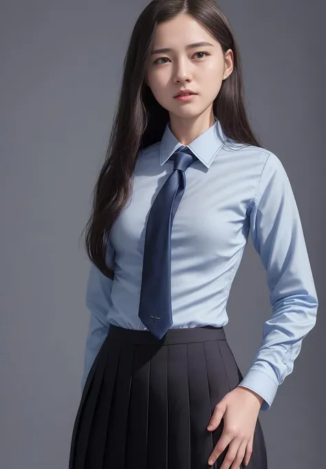 A twenty-year-old girl, Blue suit, Long dark brown hair, Blue pleated skirt, Blue tie, White shirt, Black boots, intricate details:1.2, photorealistic:1.4, delicate detailed, masterpiece, detailed, best quality Backlights, photorealistic, realism, cinematic lighting, best quality