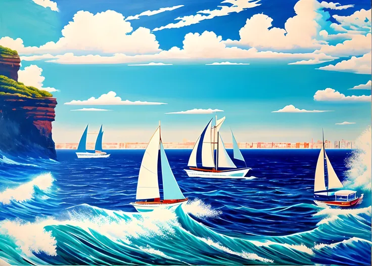 [picasso | pop-art], art, painting,( sea, waves, yacht,:1.1) blue sky, cloudiness, skyline in the background