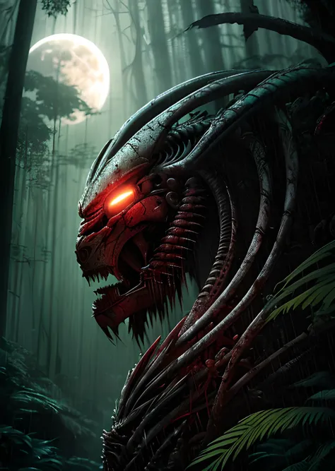 Predator , art by H.R. Giger , digital art , blood covered , biomechanical , tropical forest , looking at the moon , side view , raining , cinematic lighting, ambient soft lighting, dramatic lighting, diffused soft lighting , HD, masterpiece, high quality, sharp focus