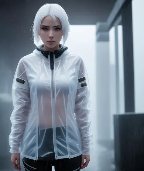 1 european young woman, techwear, white futuristic clothing, (transparent jacked), wet body, (cyberpunk:0.8), (low light:0.8), white hair, sci-fi, (wet cloth:0.5), (night:1.5), dark light, japan street, rain, hyper realistic, (hdr:1.2), (artstation:0.5), cinematic, soft colour, mist, raindrops, (natural skin texture, hyperrealism, soft light, sharp:1.2)