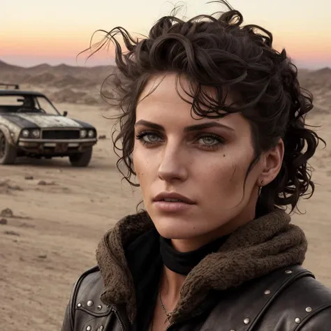 Create a cinematic, filmic image in the style of [George Miller's Mad Max], with [detailed linework], [dynamic shading], and [rich colors]. Show the [young caucasian woman wastelander] and her [full body], with [expressive facial features] and [fluid body movements], and close attention paid to [costume design] and [background details]. The art style should capture the [post-apocalyptic setting] of the image.
Create an [ultra-realistic], [high-resolution] image of the woman [standing] next to a [rusted car] at an [abandoned gas station], looking out at a [barren wasteland] stretching before her. The [car in the background] should have a [detailed], [rusty], and [worn] exterior with a [supercharger on the hood]. The [sky of the background] should be [dark and stormy].
The woman has a [heart-shaped face], delicately proportioned with a [small nose] and [high cheekbones]. Her lips are [full], and her narrow face is covered in [dust] with windswept [black, wavy and curly hair] cascading [loosely] to the length of her shoulders. Her [grey eyes] with [black eyeliner] and [smokey eye shadow] have long, full eyelashes that add to her feminine charm. She wears a [rugged black leather jacket] showing her [cleavage], [leather pants] accentuating her [slim body],  wearing a pair of [sunglasses] on her head and [leather boots] that provide both style and function.
The skin texture should showcase [visible skin pores] that add to the realism, with her [imperfect], [uneven], and [irregular skin] depicted with [specular reflection], [subsurface scattering], and [diffuse reflection], capturing her [tanned skin tone]. The image should be captured in [natural light], with [soft shadows] that highlight her, and [colors] that are [raw] and [vibrant], showcasing the [rugged and gritty] elements of the character while remaining grounded in a sense of [realism].
Aim for a [photorealistic] portrayal that captures the [essence] of her character, from her [rugged looks] to her [captivating beauty], with [intricate details] that capture every nuance of her form and the car in the background. The overall mood of the image should be [Mad Max], [post-apocalyptic], with a sense of [melancholy], [loneliness], and [desolation], showing the complete scene with her [full body].