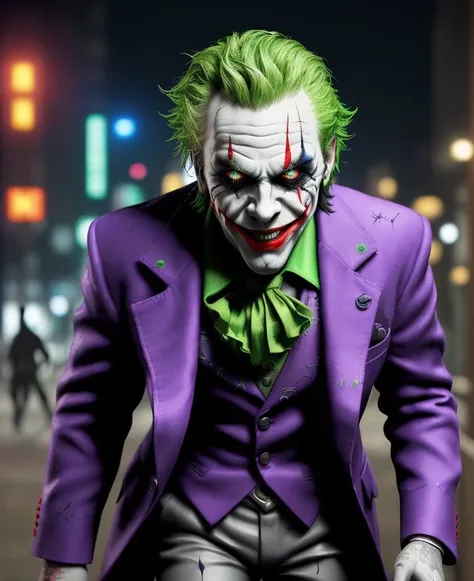 (((masterpiece)), (((highly detailed))), rtx, (photorealistic) illustration of a crazy [Joker] walking in city at night , sin city style, neon glowing, 8k, lens flares, unreal engine 5 render, scars in face, intricate, ultra detailed, detailed face,