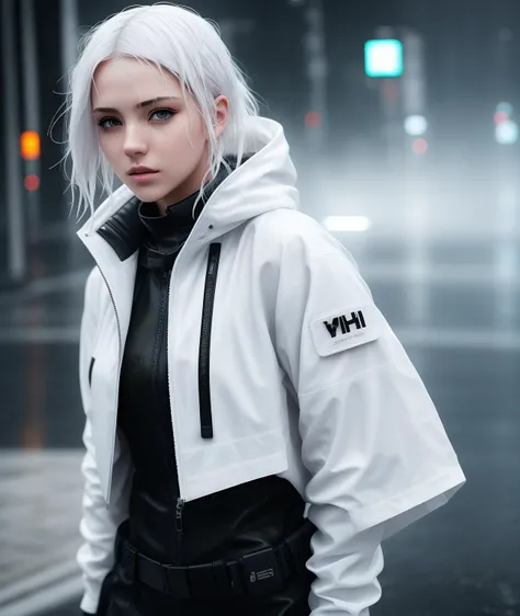 1 european young woman, techwear, white futuristic clothing, wet body, (cyberpunk:0.8), (low light:0.8), white hair, sci-fi, (wet cloth:0.5), (night:1.5), dark light, japan street, rain, hyper realistic, (hdr:1.2), (artstation:0.5), cinematic, soft colour, mist, raindrops, (natural skin texture, hyperrealism, soft light, sharp:1.2)