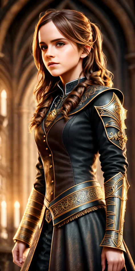 hyper realistic ultra detailed photograph of a beautiful emma watson wearing like harry potter style inside hogwarts castle, tattered outfit with rusty metal armor plates, long wild hair, tattooed hands and body, fashion pose, detailed symmetric beautiful hazel eyes, detailed gorgeous face, apocalyptic environment,  exquisite detail, 30-megapixel, 4k, Canon EOS 5D Mark IV DSLR, 85mm lens, sharp focus, intricately detailed, long exposure time, f/8, ISO 100, shutter speed 1/125, diffuse back lighting, award winning photograph, facing camera, looking into camera, monovisions, perfect contrast, High sharpness, facial symmetry, depth of field, ultra-detailed photography, raytraced, global illumination, TanvirTamim, smooth, ultra high definition, 8k, unreal engine 5, ultra sharp focus, award-winning photograph, trending on artstationress , bokeh colourful backgound  --ar 4:2