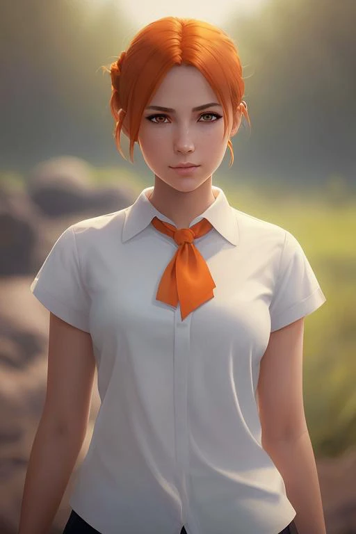 young woman,
short hair, orange hair, two ponytails hair, twin tails, hair over one eye,
orange eyes,
white shirt, collared shirt, short sleeves, red tie scarf,
art by greg rutkowski and artgerm, soft cinematic light, adobe lightroom, photolab, hdr, intricate, highly detailed, ((((depth of field))))