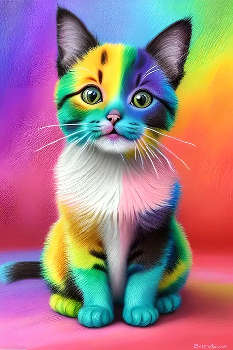 masterpiece, best quality, realistic, one baby cat hair blends into it, (pastel paint rainbow the cat:1.2), smile, full body