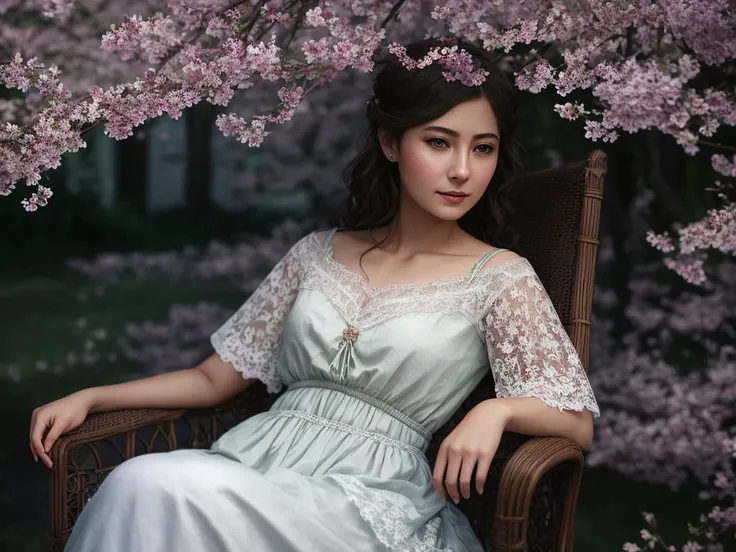 closeup a portrait of european female 30 yo in a white lace dress sits on a Viennese chair under a old blossoming cherry tree with big flowers, outdoor, house on background, natural skin texture, photorealistic, illustration by Phil Jimenes <lora:lowra_v10:0.76>, (cinematic look:1.4), soothing tones, insane details, intricate details, hyperdetailed, low contrast, soft cinematic light, dim colors, exposure blend, hdr, faded, slate gray atmosphere