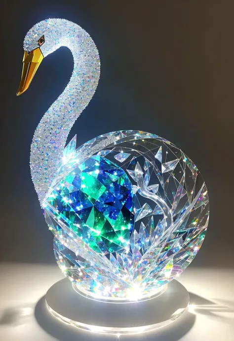 amazing, crystal sculpture, glass, swan, light diffraction, caustics, Swarovski diamond