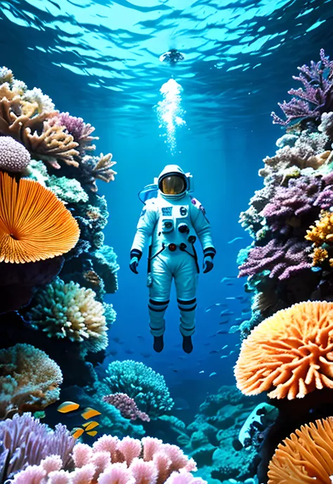 astronaut, space suit, underwater, ocean floor, marine life, coral, crabs, fish,