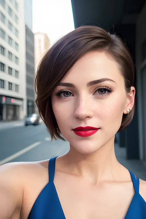 cinematic shot, centered, cinematography, intricately detailed, crafted, meticulous, magnificent, maximum details, extremely hyper aesthetic, realistic, (((1girl, solo))), short hair, brown hair, (((center))), (office suit:1.2), symmetric eyes,soft light,
realistic eyes,((photorealistic:1.4)),(looking at camera:1.3), realistic, realistic skin, natural skin, street background, (selfie:1.4), (room photo:1.3),sweet smile,
makeup, red lips, (freckles:0.8),
40 years old, mature woman