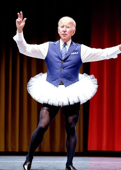 Joseph Biden in a ballet tutu and tights, dancing the ballet on stage,