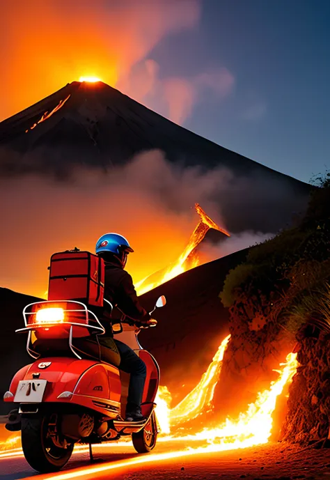 delivery driver, parcel, (volcano), lava, vespa, courier, scared, fear, dark scene, meteor, dark sky