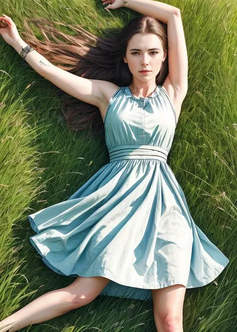 foreshortening from the bottom point, 1 woman of 25, in a chic dress lying on the meadow grass, realistic, photorealistic, a lot of small details, high detail