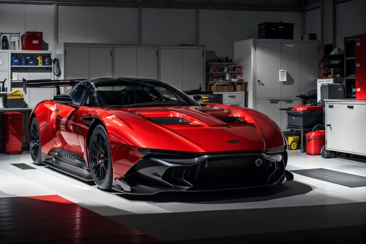 (Masterpiece)), ((Best Quality)), (detailed), award-winning, red amvulcan sports car in a garage, highly detailed, fine detail, intricate, insanely detailed, volumetric lighting, vivid colors, ((masterpiece)), absurdres <lora:astonMartinVulcan_e5:0.6> <lora:theovercomer8sContrastFix_sd15:0.5>