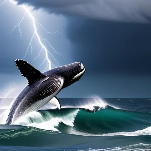 a humpback whale with sea snails on the tail, thunder storm, ((storm wave ocean:1.1)), 4k, photo, photography, detailed ocean background, national geography, masterpiece, best quality, stormy night
