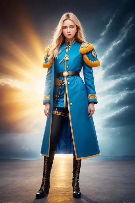 fashion photography, modelshoot style, (extremely detailed CG unity 8k wallpaper, hasselblad award winner), ((cinematic light)), beautiful detailed portrait of a young blonde female Kazakhstani, beautiful sports girl in the militia uniform of the Kazakhstan, stands in a defiant pose, provocative dominance position above the camera, cinematic lighting, ambient soft lighting, (sun symbol on uniform:1.2), coat of arms of Kazakhstan is a blue shield with a sun, Kazakhstannational costume, dramatic lighting, diffused soft lighting, aviator style, (detailed background with blue yellow flags of the Kazakhstan:1.2), futuristic, military style, elite, rich, highly detailed, intricate, hot body, small breasts, with a long blonde tail and a long yellow fur leather coat, artstation, cgsociety art, DeviantArt trending, 8k HD, masterpiece, high quality, sharp focus, (professional majestic oil painting), trending on ArtStation, trending on CGSociety, Intricate, High Detail, sharp focus, digital art, professional majestic oil painting, trending on ArtStation, trending on CGSociety, Intricate, High Detail, Sharp focus, dramatic, (photo realistic painting art), ((oil painting style))