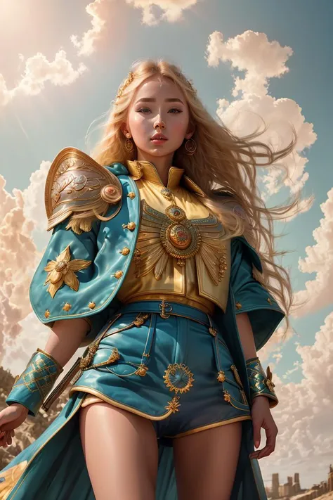 fashion photography, modelshoot style, (extremely detailed CG unity 8k wallpaper, hasselblad award winner), ((cinematic light)), beautiful detailed portrait of a young blonde female Kazakh, ((Kazakh)), beautiful sports girl in the militia uniform of the Kazakhstan, stands in a defiant pose, provocative dominance position above the camera, cinematic lighting, ambient soft lighting, (sun symbol on uniform:1.2), coat of arms of Kazakhstan is a blue shield with a sun, Kazakhstan national costume, dramatic lighting, diffused soft lighting, aviator style, (detailed background with blue yellow flags of the Kazakhstan:1.2), futuristic, military style, elite, rich, highly detailed, intricate, hot body, small breasts, with a long blonde tail and a long yellow fur leather coat, artstation, cgsociety art, DeviantArt trending, 8k HD, masterpiece, high quality, sharp focus, (professional majestic oil painting), trending on ArtStation, trending on CGSociety, Intricate, High Detail, sharp focus, digital art, professional majestic oil painting, trending on ArtStation, trending on CGSociety, Intricate, High Detail, Sharp focus, dramatic, (photo realistic painting art), ((oil painting style)) <lora:angelicWairrorsValkyrie_v1:1> <lora:povFacesitting_v10:1> style-nebmagic