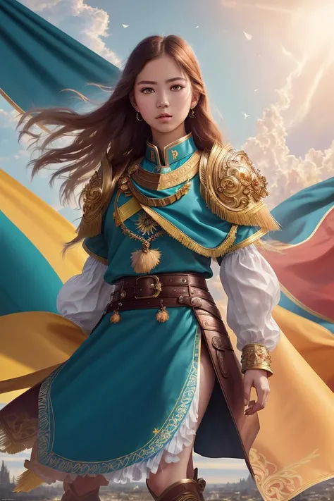 fashion photography, modelshoot style, (extremely detailed CG unity 8k wallpaper, hasselblad award winner), ((cinematic light)), beautiful detailed portrait of a young female Kazakh, ((Kazakh)), beautiful sports girl in the militia uniform of the Kazakhstan, stands in a defiant pose, provocative dominance position above the camera, cinematic lighting, ambient soft lighting, (sun symbol on uniform:1.2), coat of arms of Kazakhstan is a blue shield with a gold sun, (Kazakhstan national costume), dramatic lighting, diffused soft lighting, aviator style, (detailed background with blue gold flags of the Kazakhstan:1.5), futuristic, masterpiece hands, military style, elite, rich, highly detailed, intricate, hot body, small breasts, with a long blonde tail and a long yellow fur leather coat, artstation, cgsociety art, DeviantArt trending, 8k HD, masterpiece, high quality, sharp focus, (professional majestic oil painting), trending on ArtStation, trending on CGSociety, Intricate, High Detail, sharp focus, digital art, professional majestic oil painting, trending on ArtStation, trending on CGSociety, Intricate, High Detail, Sharp focus, dramatic, (photo realistic painting art), ((oil painting style)) <lora:angelicWairrorsValkyrie_v1:1> style-nebmagic flame_surge_style