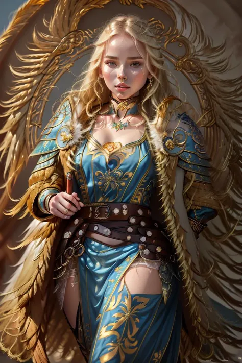 fashion photography, modelshoot style, (extremely detailed CG unity 8k wallpaper, hasselblad award winner), ((cinematic light)), beautiful detailed portrait of a young blonde female Kazakhstani, beautiful sports girl in the militia uniform of the Kazakhstan, stands in a defiant pose, provocative dominance position above the camera, cinematic lighting, ambient soft lighting, (sun symbol on uniform:1.2), coat of arms of Kazakhstan is a blue shield with a sun, Kazakhstannational costume, dramatic lighting, diffused soft lighting, aviator style, (detailed background with blue yellow flags of the Kazakhstan:1.2), futuristic, military style, elite, rich, highly detailed, intricate, hot body, small breasts, with a long blonde tail and a long yellow fur leather coat, artstation, cgsociety art, DeviantArt trending, 8k HD, masterpiece, high quality, sharp focus, (professional majestic oil painting), trending on ArtStation, trending on CGSociety, Intricate, High Detail, sharp focus, digital art, professional majestic oil painting, trending on ArtStation, trending on CGSociety, Intricate, High Detail, Sharp focus, dramatic, (photo realistic painting art), ((oil painting style)) <lora:angelicWairrorsValkyrie_v1:1> <lora:povFacesitting_v10:1> <lora:adventurers_v1:1>