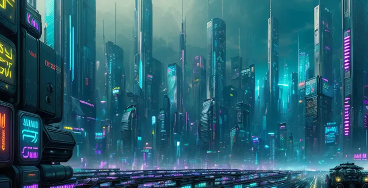 ((Detailed)), ((Masterpiece)), ((Realistic)), Futuristic cyberpunk cityscape, bustling with activity, towering skyscrapers, neon-lit streets, vibrant and dynamic lighting, dark and gritty cyberpunk style, digital illustration, high definition, perfectly capturing the dystopian mood, expertly crafted by Ridley Scott, with intricate detail and excellent perspective, scenic and breathtaking, futuristic vehicle,