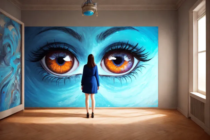 a woman standing in front of a large painting, in style of cyril rolando, eyeballs in the walls, blue body paint, beautiful girl in an empty room, art depicting control freak, inside a child's bedroom, her face is in shadow, highly photographic render, inspired by Mabel Rollins Harris