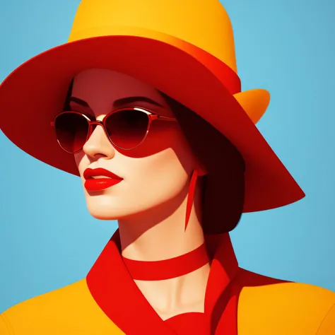 -- A woman in red wearing a hat and sunglasses, in the style of rendered in cinema4d, graphic design poster art, detail - oriented, contrasting shadows, Blue and yellow., sharp focus, fashion illustrations