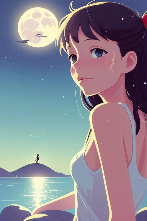 1girl, bottom view, close up, best quality, masterpiece, cute girl wet, firefly on her face, Blank expression, shoulders, upper body, magical atmosphere, cloud in the sky, moon, sitting on stone, coast, by key visual Pascale Campion