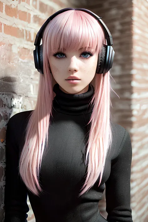 (masterpiece, best quality, 1girl, solo, intricate details, chromatic aberration), realistic, realistic eyes, (photorealistic:1.4), ((cinematic)), profesional lighting,cinematic shot, cinematography, intricately detailed, crafted, meticulous, magnificent, maximum details, extremely hyper aesthetic, realistic, (((1girl, solo))), 18 years old, soft light,
medium hair, (pink hair:1.2), bangs, symmetric eyes, (realistic eyes), (eyeliner:1.2),
real skin texture, realistic skin, (freckles:0.9), european,
against wall, brick wall, graffiti, (look at viewer:1.5), (photorealistic:1.4),(full body:1.5),
open jacket, (((turtleneck black dress))), (rgb ear headset:1.2)