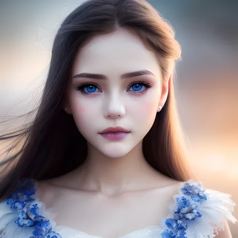 masterpiece, best quality, hdr,  cinematic, (beautiful | Innocence) woman, (((clean skin))),  detailed eyes, cute eyes, close up, ((blur:1.5)), blue iris, ((bokeh:1.3)),  (soft front lighting:1.1), (fog:1.2), cloud background, looking at
camera