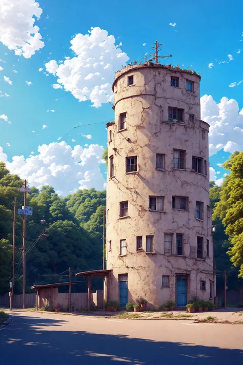 strange architecture, hyper realism, (anime Makoto Shinkai:0.4), cylindrical old shabby house in city street, building, sky, cloud, day, scenery, tree, blue sky, sign, no humans, power lines, house, english text, railing, wide shot, <lora:solarpunkai_v20:0.2>