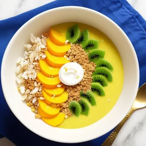 A vibrant and colorful tropical smoothie bowl with ripe mango, juicy pineapple, and tangy kiwi, topped with crunchy granola and shredded coconut. The smoothie is thick and creamy, with a refreshing sweetness and a hint of tartness.
Modifiers: Bold, vibrant, rich, aromatic, spicy, savory, tangy, sweet, fresh, crunchy, chewy, melt-in-your-mouth, zesty, succulent.
The image should be captured in high resolution to showcase the vibrant colors and intricate details of the dish. The lighting should be soft and natural to highlight the textures and flavors of the food.