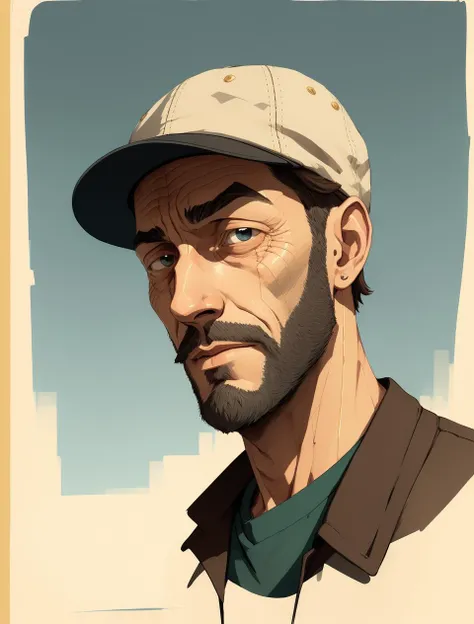 man in a cap, by atey ghailan, hard light, lline art, black eyes, (watercolor:0.5), (borderlands:0.7), detailed ,