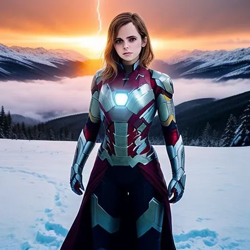 Emma Watson in detailed iron-man ghost costume, large breasts, superhero pose, standing in snowy landscape at sunset, hyperdetailed, Cold, serene, tranquil, pristine, untouched, majestic, breathtaking, wintery, sparks, sunbeams, (8k), realistic, symmetrical, award-winning, cinematic lightning, soaked, film, 75mm, scratches, full body shot, close-up, torn and dirty clothes, detailed face,