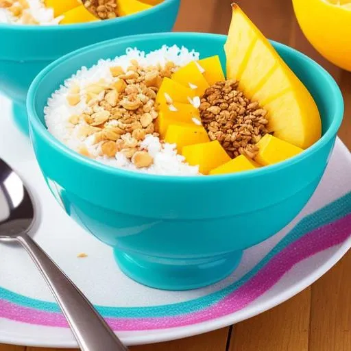 A vibrant and colorful tropical smoothie bowl with ripe mango, juicy pineapple, and tangy kiwi, topped with crunchy granola and shredded coconut. The smoothie is thick and creamy, with a refreshing sweetness and a hint of tartness.
Modifiers: Bold, vibrant, rich, aromatic, spicy, savory, tangy, sweet, fresh, crunchy, chewy, melt-in-your-mouth, zesty, succulent.
The image should be captured in high resolution to showcase the vibrant colors and intricate details of the dish. The lighting should be soft and natural to highlight the textures and flavors of the food.